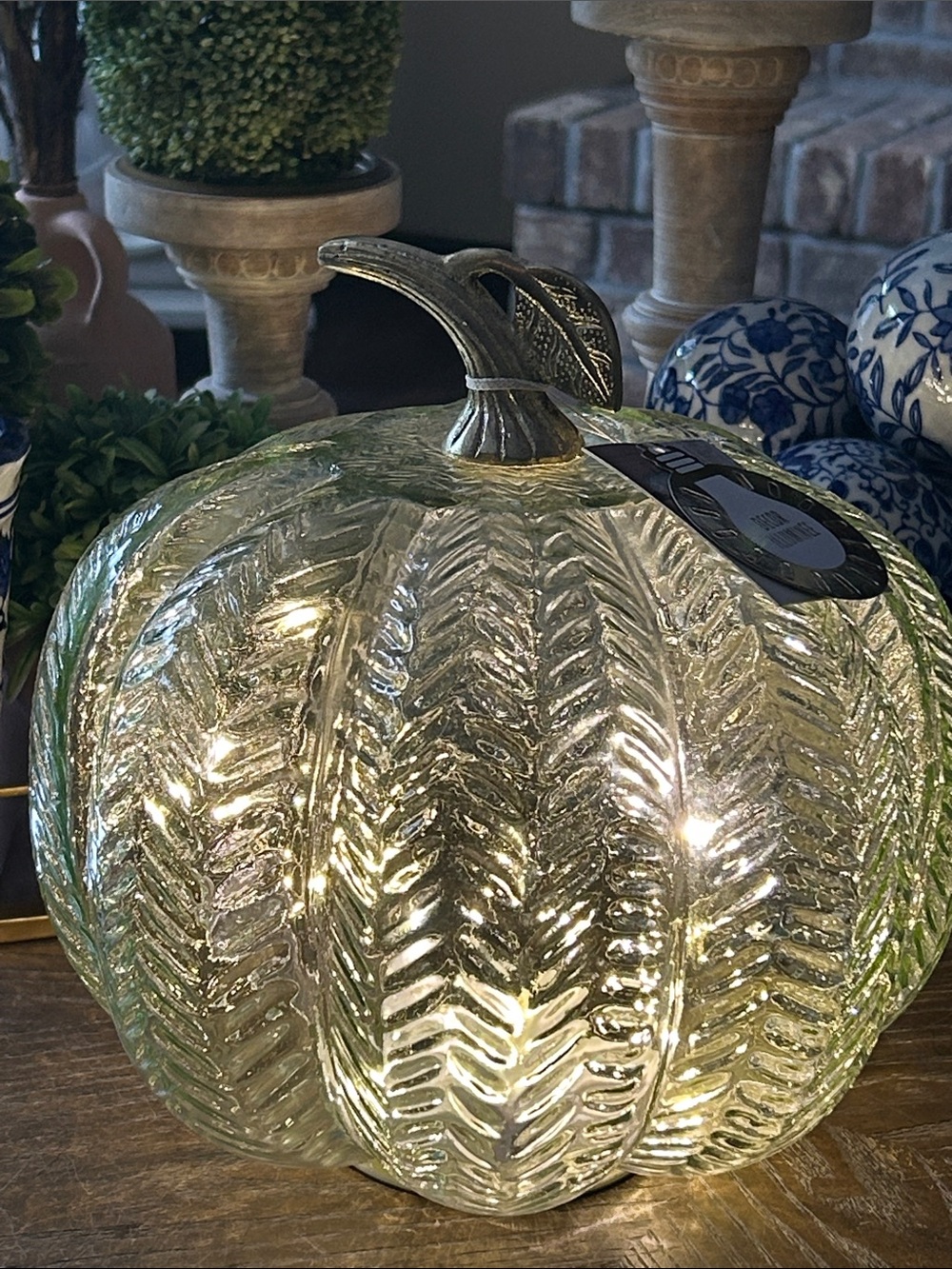 NEW! Vintage Inspired Embossed Leaf Green Glass Lighted Fall Harvest Pumpkin